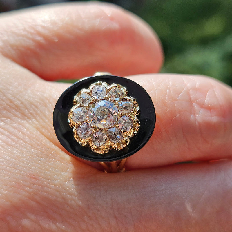 Antique 1880s Victorian Diamond Onyx Cocktail Cluster Wedding Engagement Ring