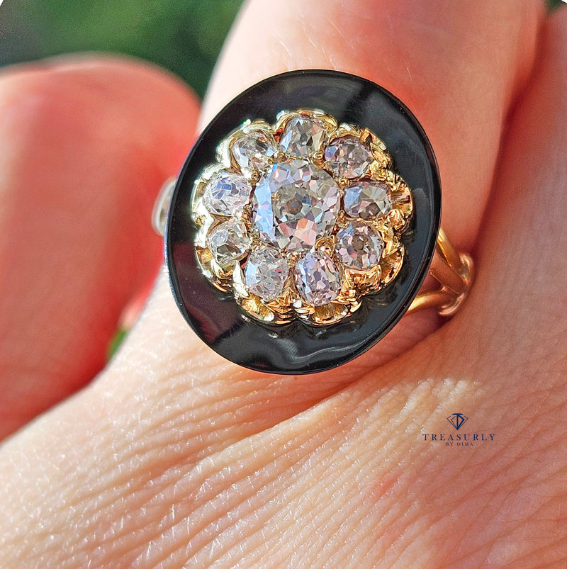 Antique 1880s Victorian Diamond Onyx Cocktail Cluster Wedding Engagement Ring