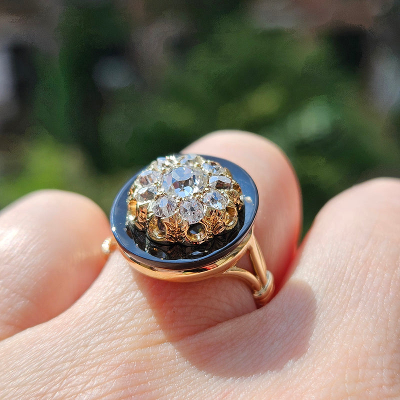 Antique 1880s Victorian Diamond Onyx Cocktail Cluster Wedding Engagement Ring