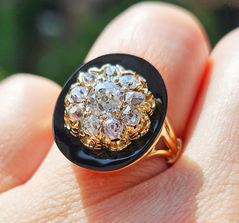 Antique 1880s Victorian Diamond Onyx Cocktail Cluster Wedding Engagement Ring