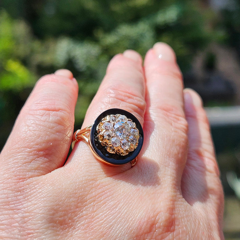 Antique 1880s Victorian Diamond Onyx Cocktail Cluster Wedding Engagement Ring