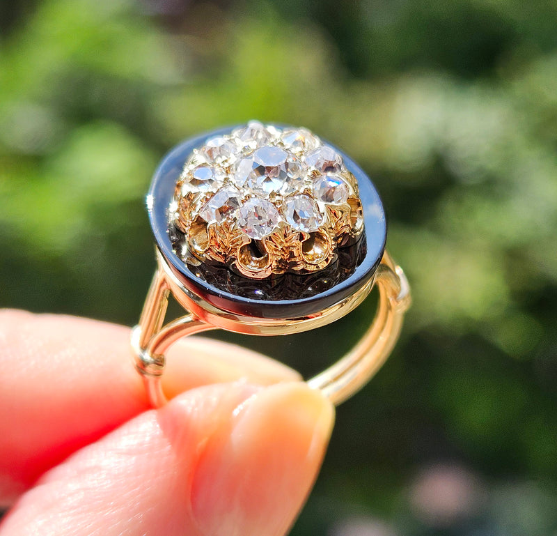 Antique 1880s Victorian Diamond Onyx Cocktail Cluster Wedding Engagement Ring