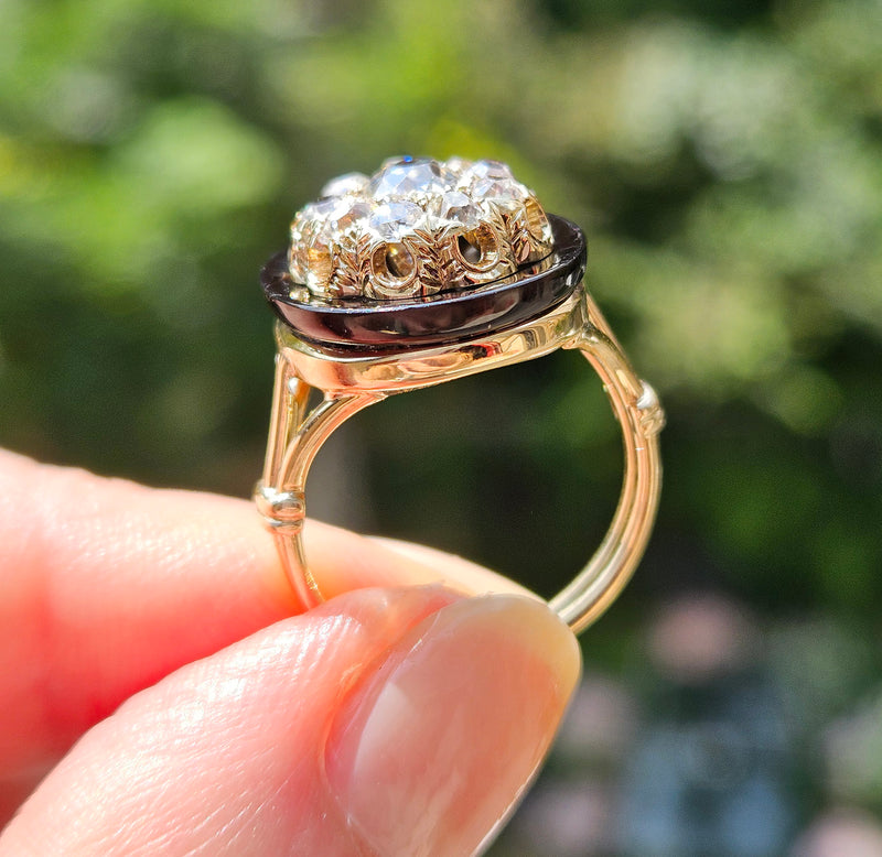 Antique 1880s Victorian Diamond Onyx Cocktail Cluster Wedding Engagement Ring