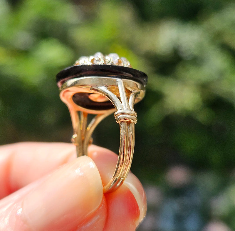 Antique 1880s Victorian Diamond Onyx Cocktail Cluster Wedding Engagement Ring