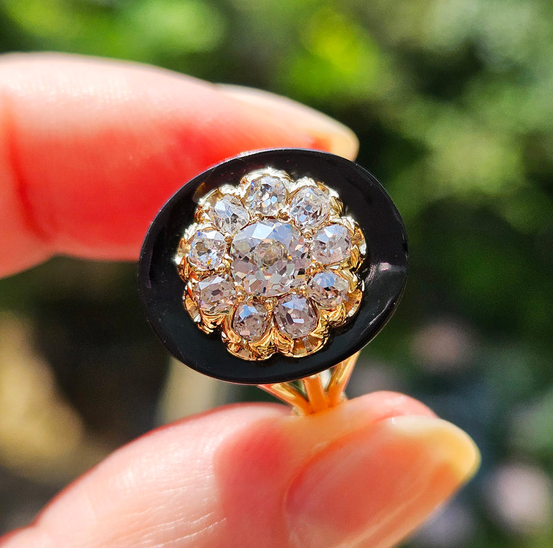 Antique 1880s Victorian Diamond Onyx Cocktail Cluster Wedding Engagement Ring