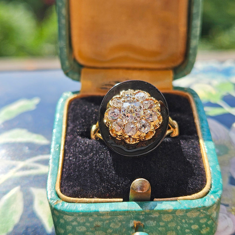 Antique 1880s Victorian Diamond Onyx Cocktail Cluster Wedding Engagement Ring