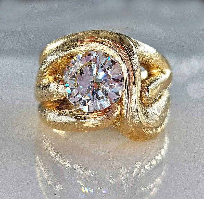 Estate Vintage Free-Form 1970 GIA 2.18ct Natural ROUND Diamond 14k Yellow Gold Ring