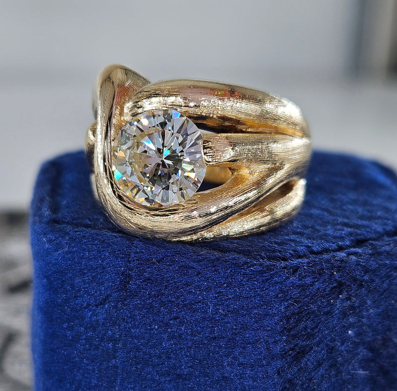 Estate Vintage Free-Form 1970 GIA 2.18ct Natural ROUND Diamond 14k Yellow Gold Ring