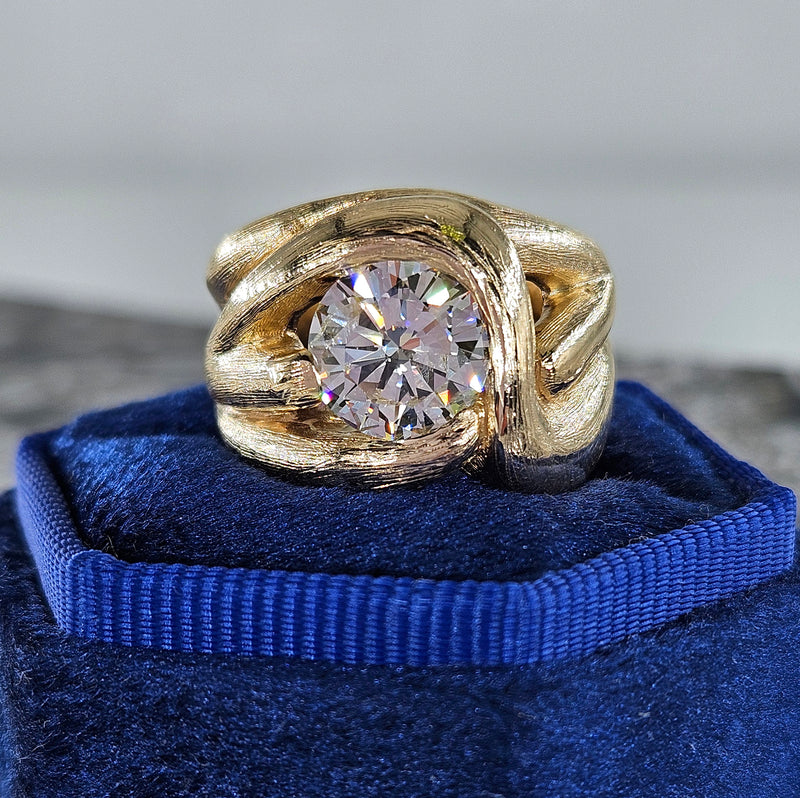 Estate Vintage Free-Form 1970 GIA 2.18ct Natural ROUND Diamond 14k Yellow Gold Ring