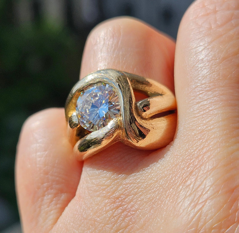 Estate Vintage Free-Form 1970 GIA 2.18ct Natural ROUND Diamond 14k Yellow Gold Ring