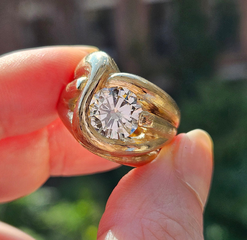 Estate Vintage Free-Form 1970 GIA 2.18ct Natural ROUND Diamond 14k Yellow Gold Ring