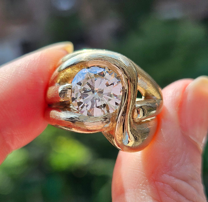 Estate Vintage Free-Form 1970 GIA 2.18ct Natural ROUND Diamond 14k Yellow Gold Ring