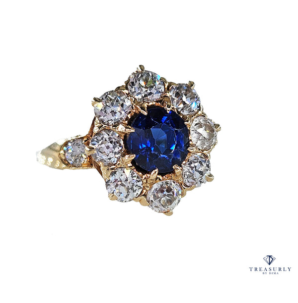 GIA Royal Blue Victorian 2.29ctw No Heat Old Mine Oval Sapphire Diamond Antique Vintage Cluster 14k Gold Ring