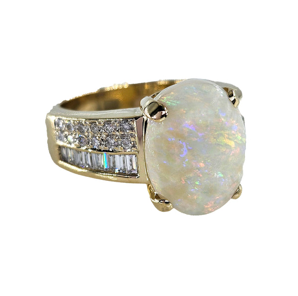 Vintage 5.54ctw Australian OPAL & Round Baguette Diamond 14k Yellow Gold Ring