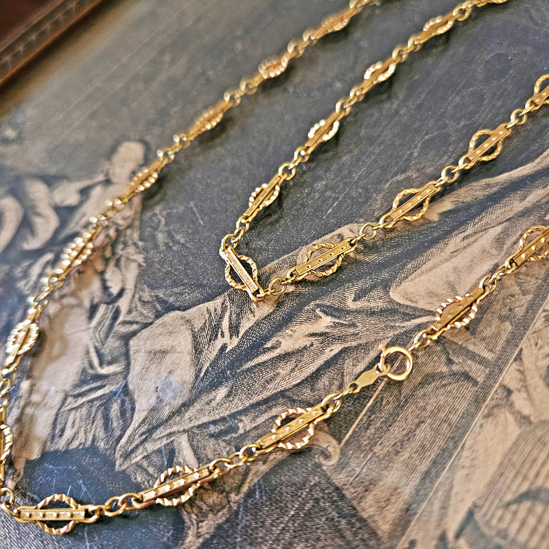 Victorian 14k Gold Gothic Revival Geometric Antique Sautoir Necklace Chain 20.5"