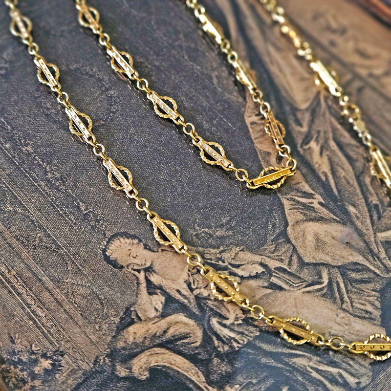 Victorian 14k Gold Gothic Revival Geometric Antique Sautoir Necklace Chain 20.5"