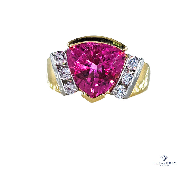 GIA 3.65ct Natural Pink Tourmaline Diamond 18k Yellow Gold Platinum Vintage Ring