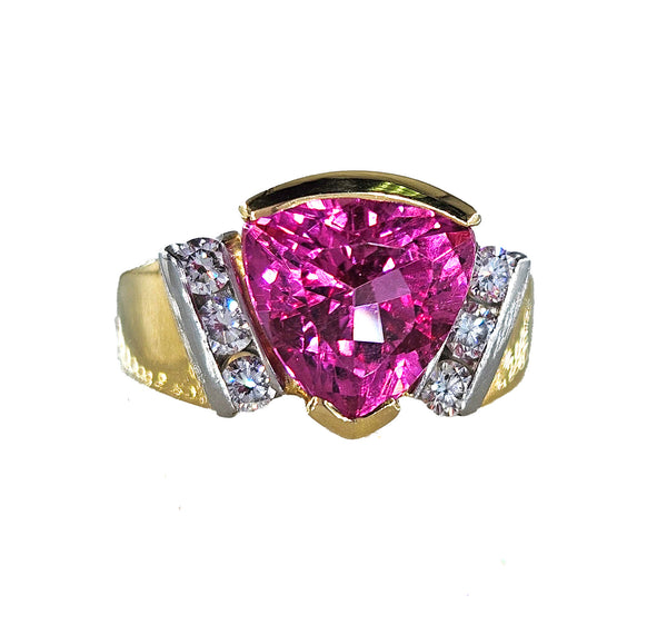 GIA 3.65ct Natural Pink Tourmaline Diamond 18k Yellow Gold Platinum Vintage Ring