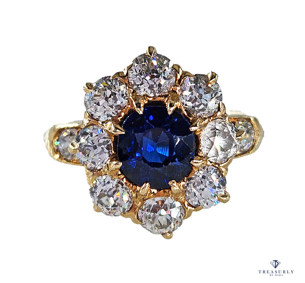 GIA Royal Blue Victorian 2.29ctw No Heat Old Mine Oval Sapphire Diamond Antique Vintage Cluster 14k Gold Ring