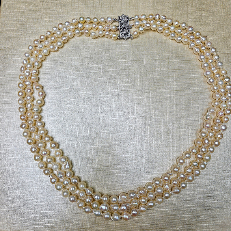 GIA 3-Strand Saltwater Akoya Baroque Japanese Pearl 14K White Gold Vintage Necklace