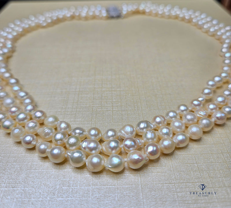 GIA 3-Strand Saltwater Akoya Baroque Japanese Pearl 14K White Gold Vintage Necklace