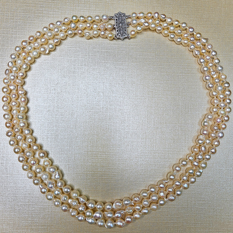 GIA 3-Strand Saltwater Akoya Baroque Japanese Pearl 14K White Gold Vintage Necklace