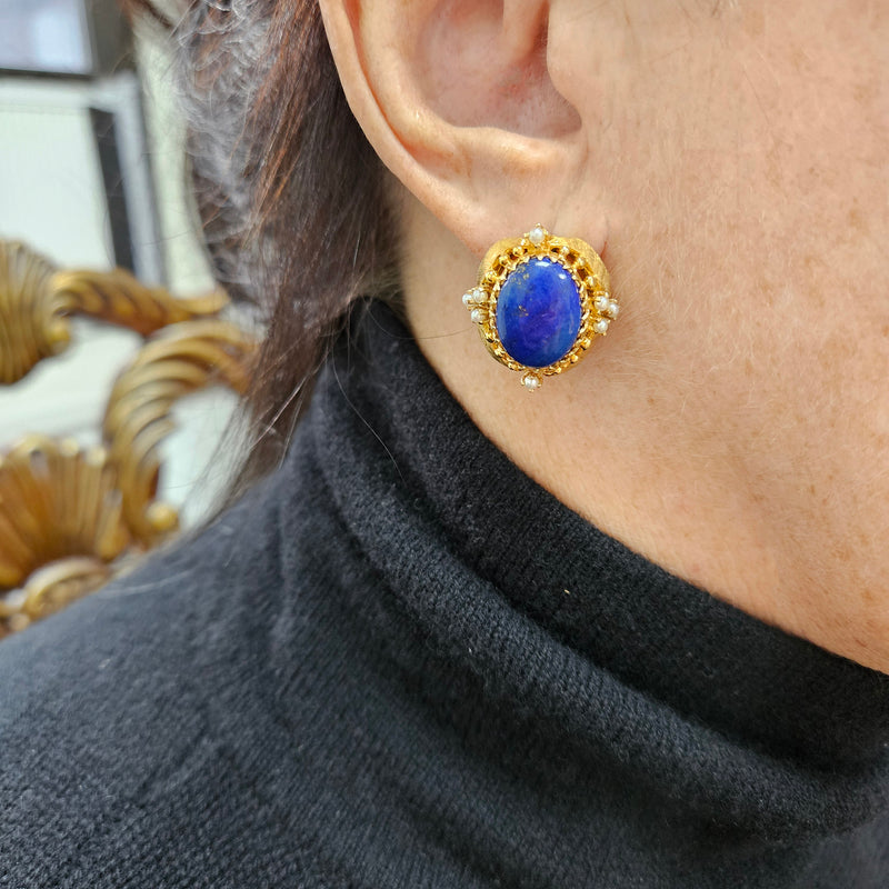 Vintage 14k Gold Lapis Lazuli Pearl Button Earrings Clips Post, Circa 1970s