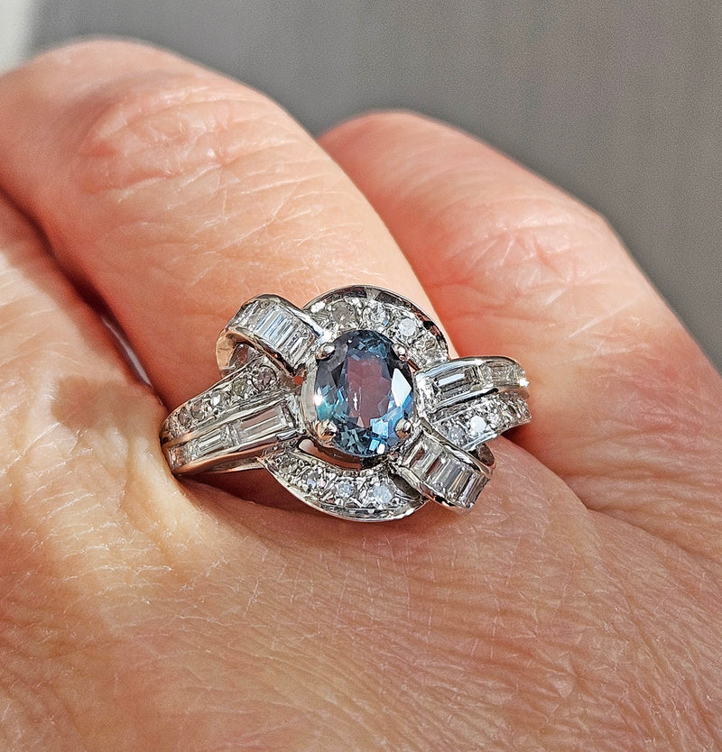 Rare Gem Mid-Century GIA 2.03ctw Natural ALEXANDRITE Diamond Vintage Platinum Ring 1950s