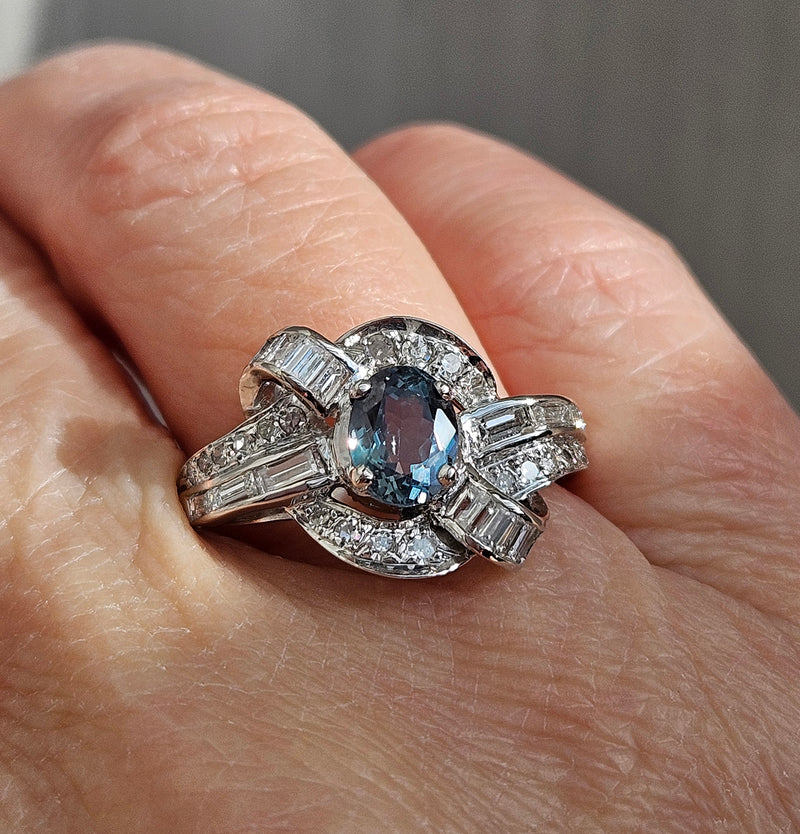 Rare Gem Mid-Century GIA 2.03ctw Natural ALEXANDRITE Diamond Vintage Platinum Ring 1950s