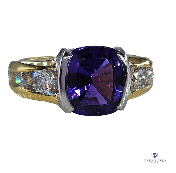 Rare GIA 3.04ctw Natural PURPLE Unheated Ceylon Cushion Sapphire Diamond Platinum 18K Ring