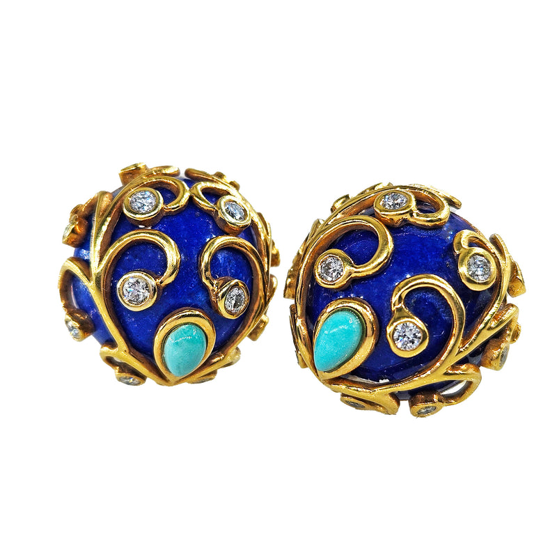 Vintage 18k Gold Lapis Lazuli Diamond Turquoise Button Earrings Clips Post