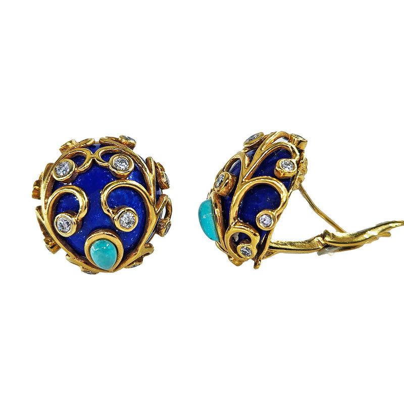 Vintage 18k Gold Lapis Lazuli Diamond Turquoise Button Earrings Clips Post