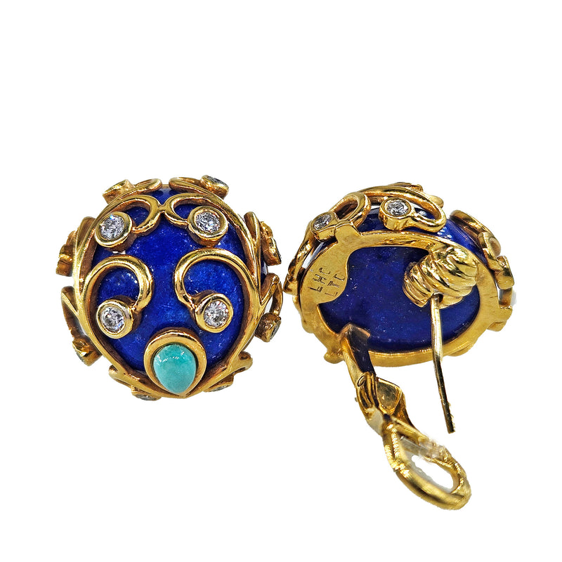 Vintage 18k Gold Lapis Lazuli Diamond Turquoise Button Earrings Clips Post