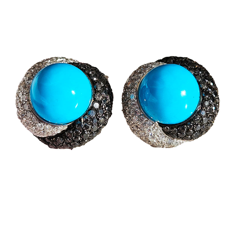 Craig Drake 18k White Gold Turquoise 7.40ct White & Black Diamond Earrings Clips