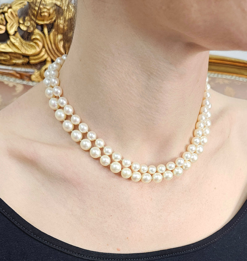 Classic 2 Rows Cultured Japanese White PEARL 7-8.5mm Double Strand Vintage NECKLACE 14k White Gold Ruby Clasp