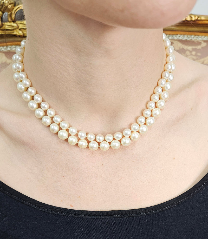 Classic 2 Rows Cultured Japanese White PEARL 7-8.5mm Double Strand Vintage NECKLACE 14k White Gold Ruby Clasp