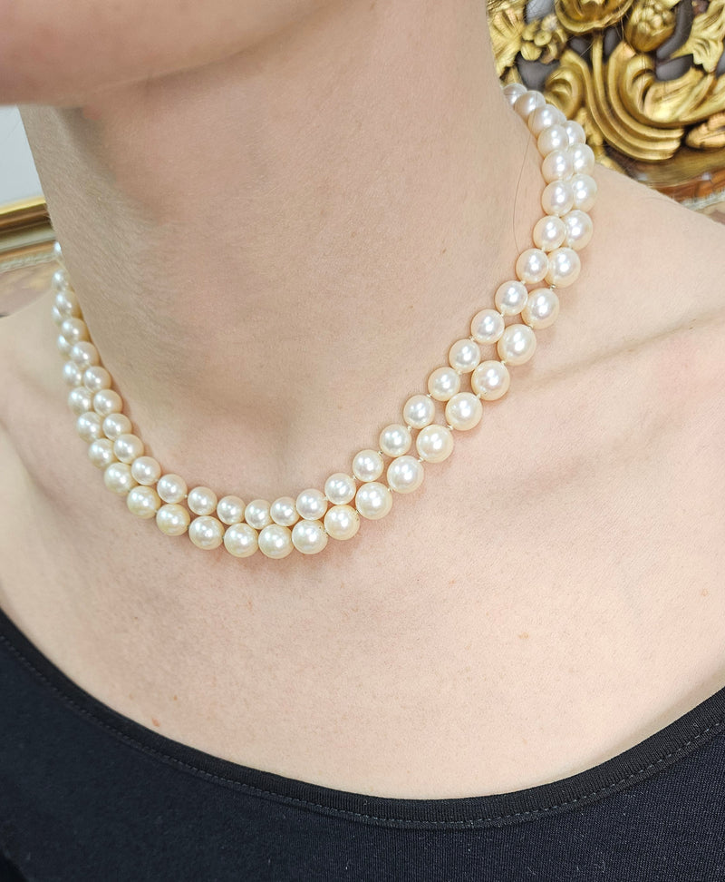 Classic 2 Rows Cultured Japanese White PEARL 7-8.5mm Double Strand Vintage NECKLACE 14k White Gold Ruby Clasp