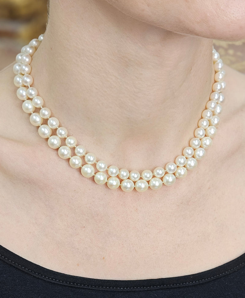 Classic 2 Rows Cultured Japanese White PEARL 7-8.5mm Double Strand Vintage NECKLACE 14k White Gold Ruby Clasp