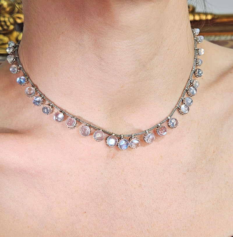 A Victorian Authentic Original Slightly Graduated 23.40ctw Blue Moonstone fringe Roman Woven 10K White Gold Necklace C. 1880s