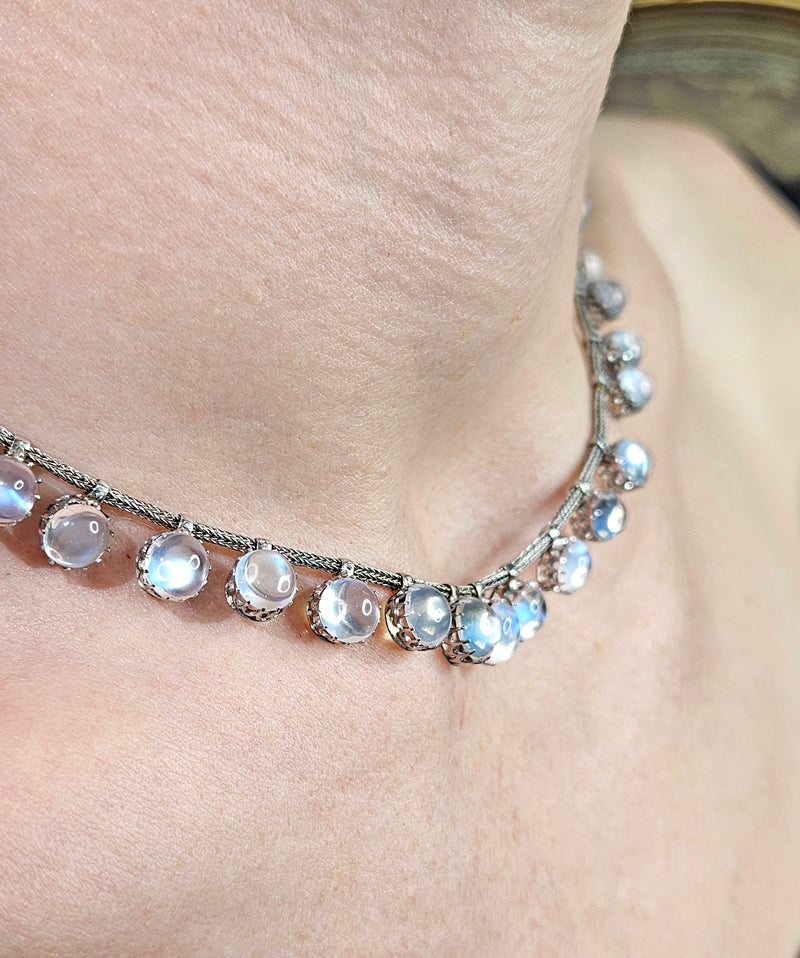 A Victorian Authentic Original Slightly Graduated 23.40ctw Blue Moonstone fringe Roman Woven 10K White Gold Necklace C. 1880s