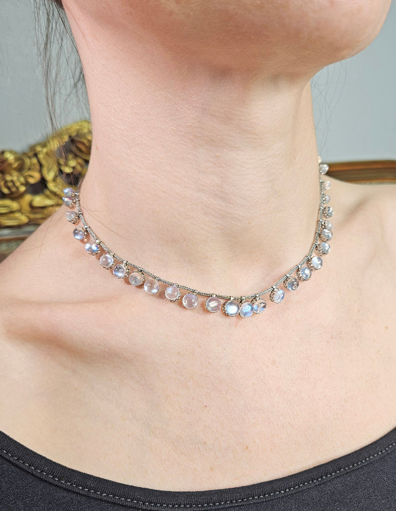 A Victorian Authentic Original Slightly Graduated 23.40ctw Blue Moonstone fringe Roman Woven 10K White Gold Necklace C. 1880s