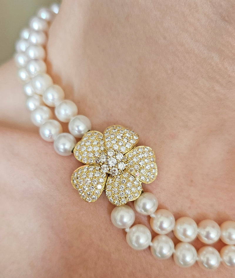 2.80ctw Diamond Flower Convertible Fine Akoya 8-8.5mm Cultured White Double Strand Japanese PEARL 18K Gold Vintage NECKLACE