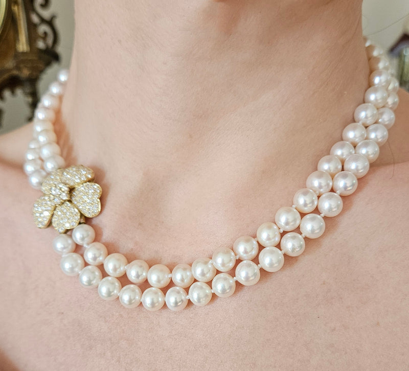 2.80ctw Diamond Flower Convertible Fine Akoya 8-8.5mm Cultured White Double Strand Japanese PEARL 18K Gold Vintage NECKLACE