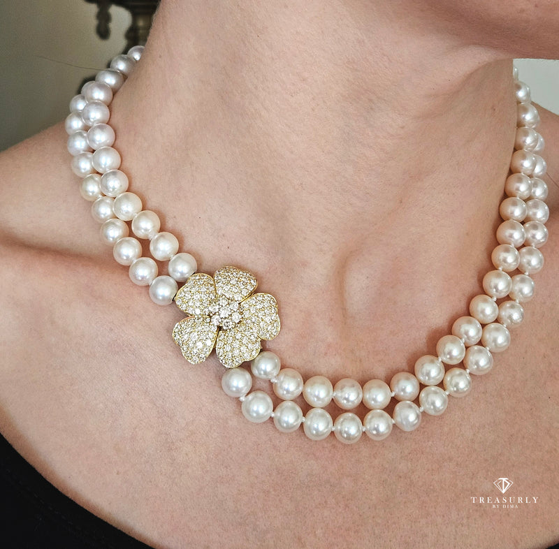 2.80ctw Diamond Flower Convertible Fine Akoya 8-8.5mm Cultured White Double Strand Japanese PEARL 18K Gold Vintage NECKLACE