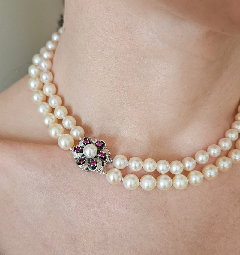 Classic 2 Rows Cultured Japanese White PEARL 7-8.5mm Double Strand Vintage NECKLACE 14k White Gold Ruby Clasp