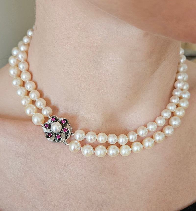 Classic 2 Rows Cultured Japanese White PEARL 7-8.5mm Double Strand Vintage NECKLACE 14k White Gold Ruby Clasp