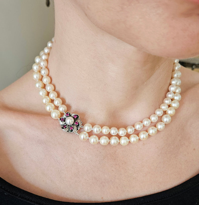 Classic 2 Rows Cultured Japanese White PEARL 7-8.5mm Double Strand Vintage NECKLACE 14k White Gold Ruby Clasp