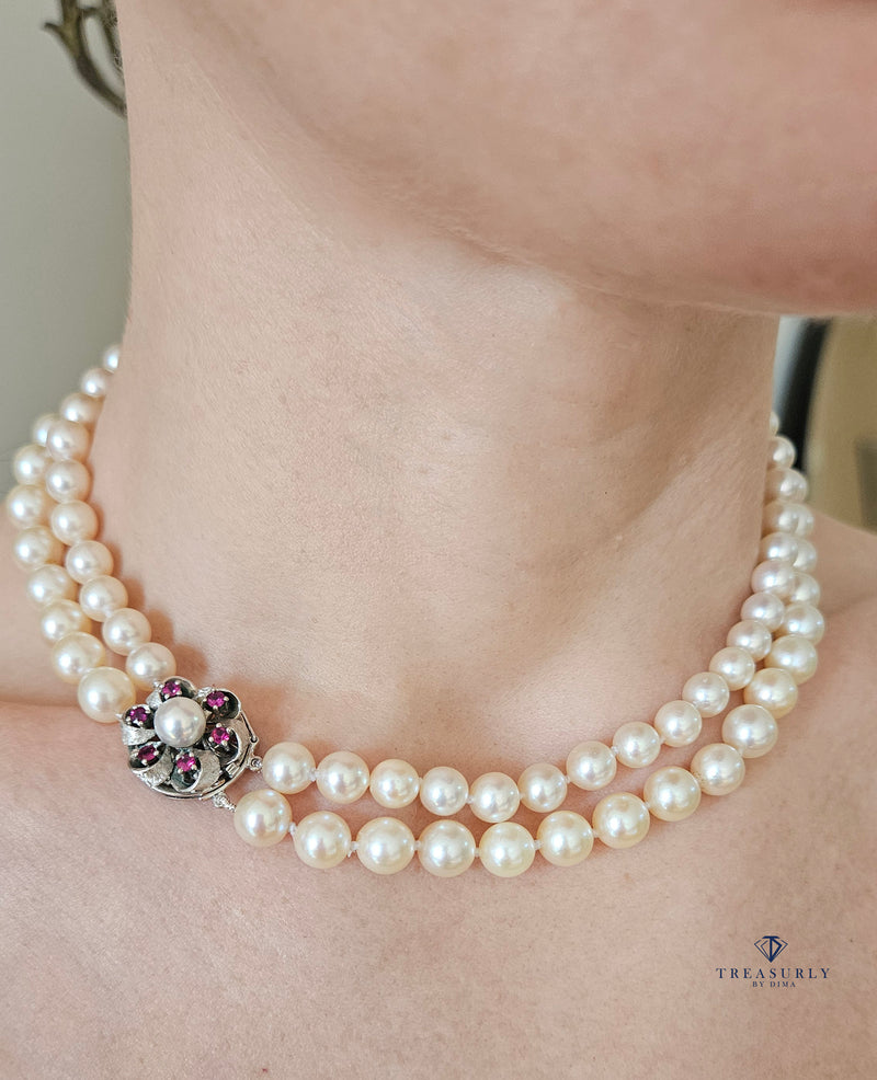 Classic 2 Rows Cultured Japanese White PEARL 7-8.5mm Double Strand Vintage NECKLACE 14k White Gold Ruby Clasp