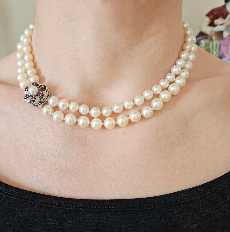 Classic 2 Rows Cultured Japanese White PEARL 7-8.5mm Double Strand Vintage NECKLACE 14k White Gold Ruby Clasp