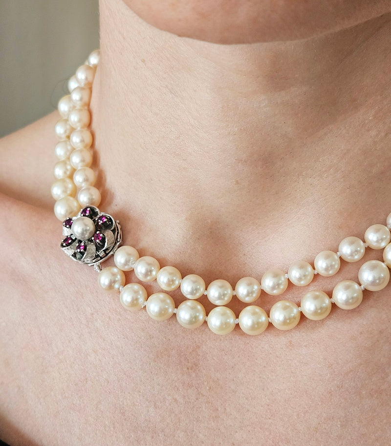 Classic 2 Rows Cultured Japanese White PEARL 7-8.5mm Double Strand Vintage NECKLACE 14k White Gold Ruby Clasp